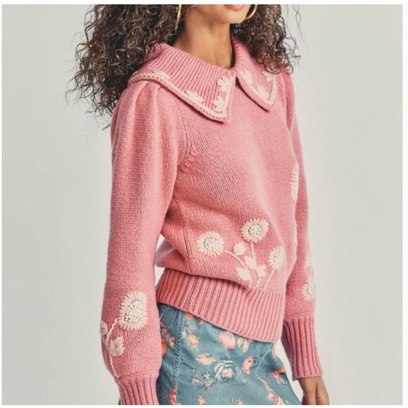 LoveShackFancy Union Collared Pullover in Rose Blush Size XS - Picture 3 of 16